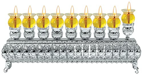Versilberte Chanukka Menora für Öl - Passend für Standard Chanukka Ölbecher und Große Kerzen - 28 cm Breit, 10 cm Hoch