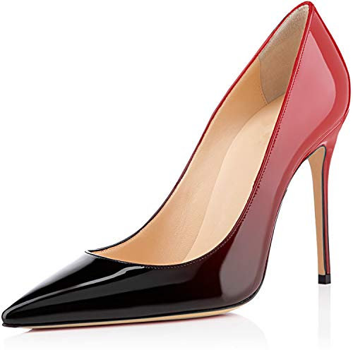 Elashe Damen Spitze Pumps mit Pfennigabsatz Lack Flandell Schwarz-Rot EU39