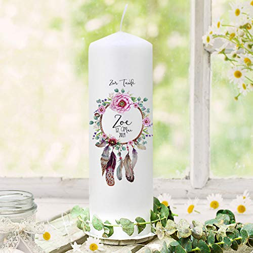 Taufkerze Kerze zur Taufe oder Geburt Kommunionkerze Blumenkranz Traumfänger Spruch Wunschname & Datum wk110 ilka parey wandtattoo-welt®