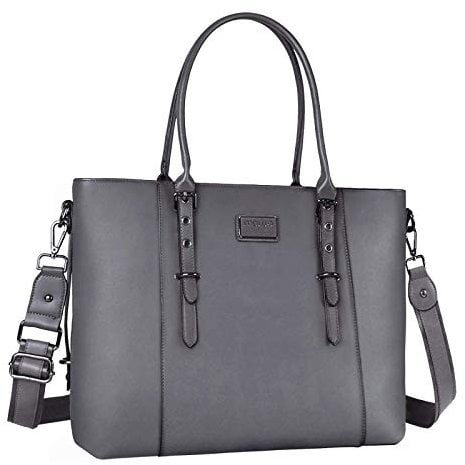 MOSISO Laptop Tote Bag (17-17.3 inch), PU Leather Shoulder Briefcase Handbag Compatible with MacBook & Notebook Large Capacity with Padded Compartment, Gray
