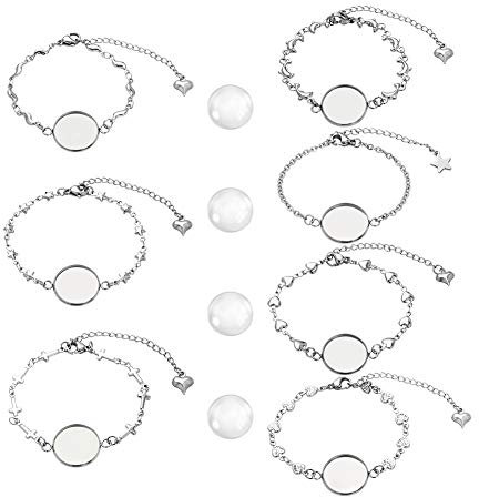 PandaHall 28 STK Armband Lünette Einstellungen Einschließlich 14 STK. 304 Edelstahl Lünette Armbänder Leere Tablett Armreifen 14 STK. 16 mm Flache Runde Klarglas Cabochons Für Schmuck DIY