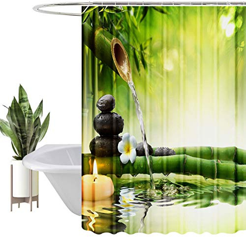 HEYOMART Shower Curtain Heavy Duty Polyester Fabric Waterproof Shower Curtain Liner, 3D Digital Painting Pattern for Shower Stall, Bathroom Curtains with 12 PCS Hooks (180x200cm, Green Bamboo Oasis)