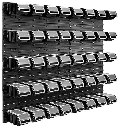 40 Stapelboxen schwarz Wandregal Deckel Kunststoff Werkstattregal 96,5 x 78 cm Werkzeug Werkbank (40 Boxen Schwarz)