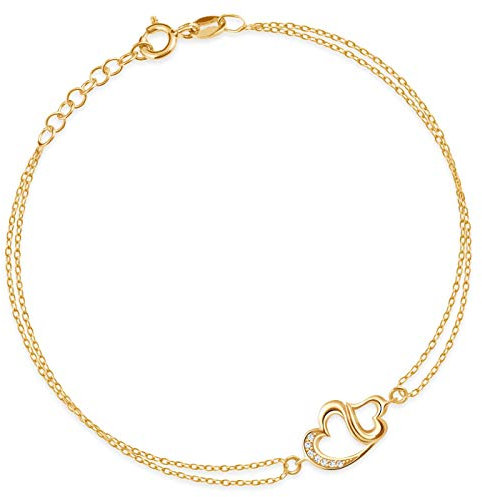 Maverton Herz Damen Armband Gold mit Doppelherzen + personalisierte Geschenkbox mit Gravur - Weihnachtsgeschenke - Goldenes Herzarmband für Frauen - Länge: 18-21cm - 8 oder 14 Karat