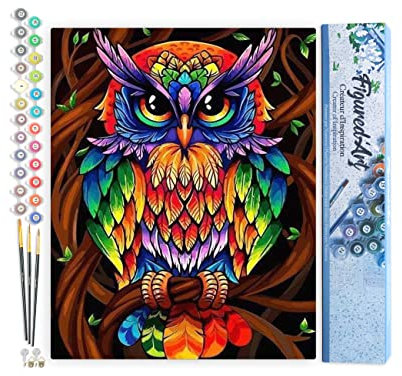 Figured'Art Peinture par Numéro Adulte Hibou coloré - Activité Manuelle Kit de Loisir Créatif DIY Numéro d'Art Complet - 40x50cm sans châssis en bois