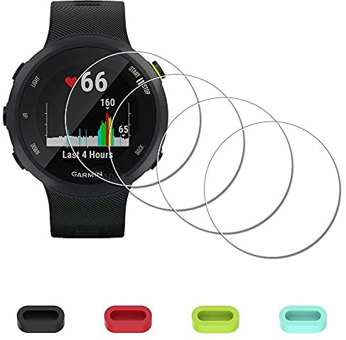 iDaPro schutzglas für Garmin Forerunner 45 / 45S / 55 Displayschutz Schutzfolie + teiliger Ladeanschlussschutz[4+4Pcs], 9H Härte Gehärtetes Glas Displayschutzfolie Einfache Installation