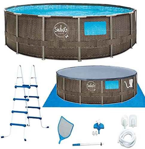 FM-SOLAR Swing Rahmen rund Pool Ø457 x 122cm Rattanoptik inkl. Zubehör