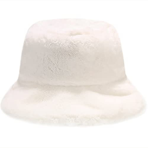Malaxlx Damen Weiß Plüsch Fischerhut Wintermütze Flauschige Bucket Hat Warme Anglerhut