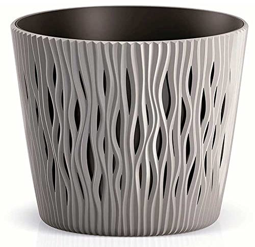 BAKAJI Fioriera con Vaso Estraibile Portavaso Decorativo in Plastica Diametro 16cm Design Moderno con Decorazione a Intarsio per Fiori e Piante Arredamento Decorazione Casa Giardino Esterno (Grigio)