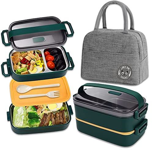 Haoh Bento Lunch Box avec Sac Lunch, 1100ml 2 Etages Boite Repas avec Compartiments Inox, Hermétique Boîtes Bento pour Pique Nique, Travail, Goûter, Ecole(Vert)