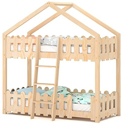 WNM Group Kinderbett 200x90 cm aus Natur Holz - NIKO Hochbett mit Sicherheitbarrieren - Massivholz Kinder Bett mit Lattenrost - Sicher Hausbett - Etagenbett für Jungen - Eingang auf der Rechten Seite