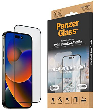PanzerGlass™ Film de Protection d'écran Anti-reflet pour iPhone 14 Pro Max – Verre de Protection Anti-reflet avec Surface Mate – Protection Jusqu'au Bord de l'écran et Case Friendly – avec Aide au