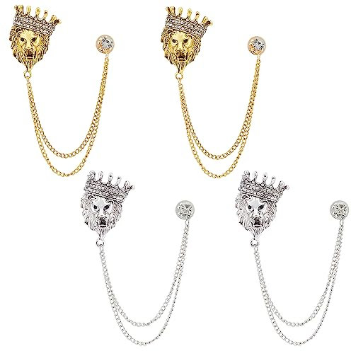 AHANDMAKER 4 Pièces Broche Lion avec Couronne Strass, à la Mode Hommes Broche Épinglettes pour Costumes Hommes Accessoires Bijoux Doré Cristal Suspendu Chaîne Mariage