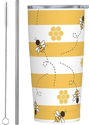 cfpolar Bee Honeycomb Yellow White Stripe 20oz Stainless Steel Cups, Insulated Stainless Steel Travel Coffee Mug Tumbler With Lid And Straw Durable Coffee Cup Water Bottle For Cold & Hot Drinks