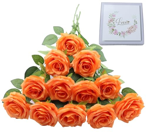 LVEFIT 12 Stück künstliche Rosenblüten, orangefarbene Rosen mit langem Stiel, Seidenrosen, Blumenstrauß für Hochzeit, Brautparty, Party, Heimdekoration