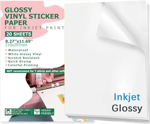 edruckbares Vinyl-Aufkleberpapier für Tintenstrahldrucker – glänzendes Weiß – 20 pcs wasserfeste Aufkleber-Papier, selbstklebende Blätter, 21,6 x 27,9 cm – trocknet schnell und hält Tinte schön