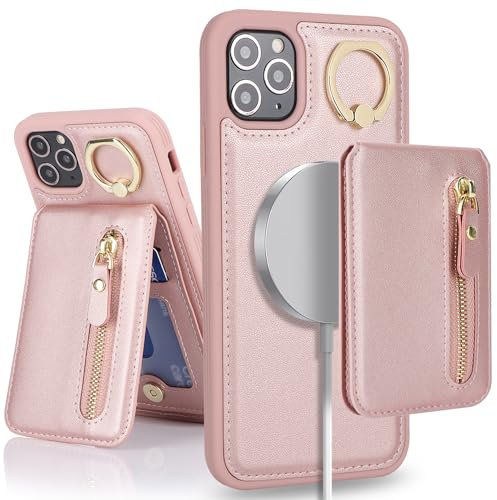 SailorTech iPhone 11 Pro Max Phone Leather Case with Credit Card Holder Magsafe, iPhone 11 Pro Max Case Ring Stand with Kickstand Card Slots Wallet Detachable 2-in-1 Zipper Case - Pink