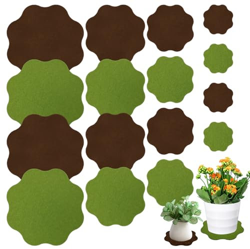 SNAIL GARDEN 16-teiliges Multi-Size-Set, Pflanze Untersetzer Filz Matte, 12/10/8/6 Zoll, Saugfähiges Gewebe, Blumentopf Matte für Drinnen und Garten (Grün und Braun)