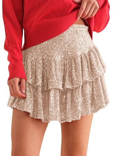 Pailletten Rock mit Shorts, Plissee A Linien Mini Pailletten Rock Glänzender Minirock Dehnbar Faltenrock Partykleid Cocktailkleid Tanzkleid für Damen Mädchen Karneval Cosplay Performance Kostüm