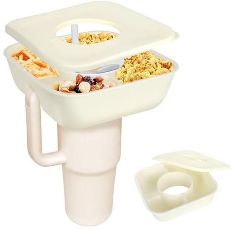 Realtopdo Snack Bowl with Cover for Stanley Cup 40 oz Tumbler with Handle Reusable Silicone Snack Tray, 3 Compartment Snack Platters for Stanley Cup Accessories Outdoor (off white)