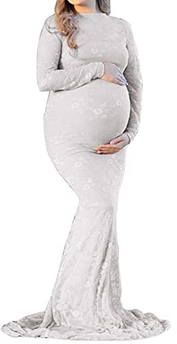 Robe Shooting Photo Grossesse Dentelle Robes Enceinte Femme Chic Et élégant Grande Taille Fashion Robe Maternité Soirée Fête Confortable Casual Vacances Pas Cher Long Dress (White, S)