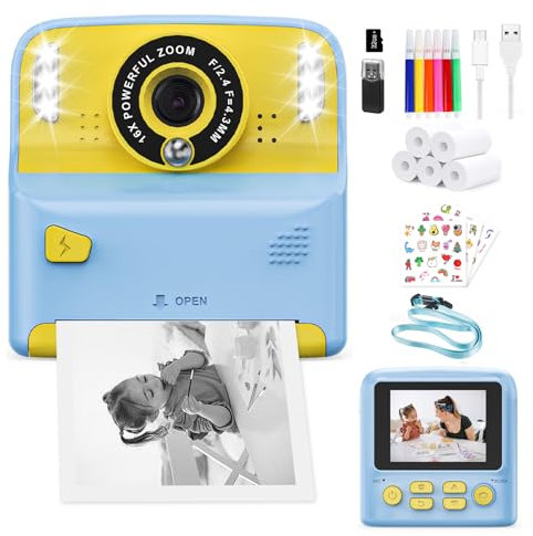 PHNIXGAM Cámara instantánea para niños con 2 Flash, cámara Digital, cámara Infantil, cámara de Fotos HD de 2,4 Pulgadas, Regalo para niños y niñas, Incluye 5 Rollos de Papel de impresión