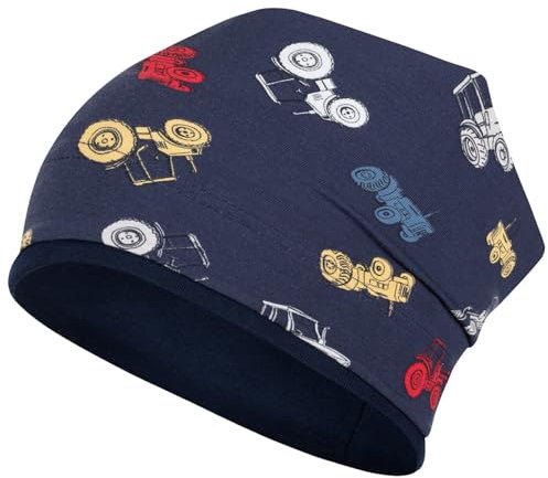 Smarilla Jungen Mütze Übergangsmütze Beanie Fahrzeuge Frühling Herbst Baumwolle, Größe: 54-56, Farbe: Traktor-Dunkelblau