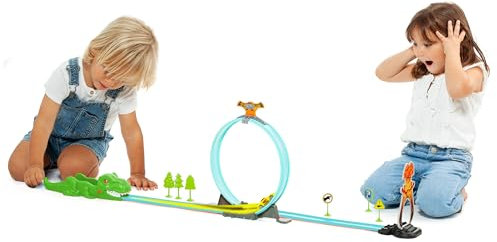 Beast Wheels Schiebe. Autorennbahn mit 360º Looping für Kinder. Modell Dinosaurier Rex und Shark Track. Enthält EIN Auto und 6 Zubehörteile. (Dino REX)