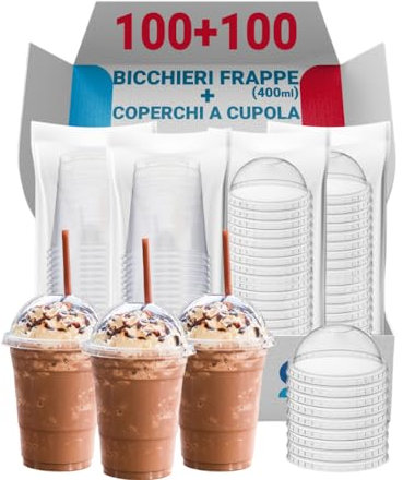 G.M. DISTRIBUZIONE 100 Bicchieri Frappè in PP da 400ml + 100 Coperchi A Cupola in PS, Bicchieri e Coperchi Usa e Getta Trasparenti, Bicchiere Monouso Alta Qualità per Bar e Gelaterie.