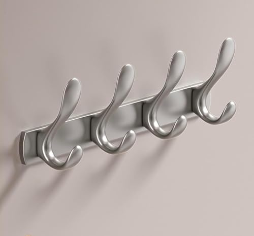 YUET 4 Door Hook Coat Bathroom Towel Hooks Wall Mounted Screw Fixed - Heavy Duty Hanger - Stainless Steel Robe Rack Holder in Bedroom or Kitchen Wall Mount (Grey)