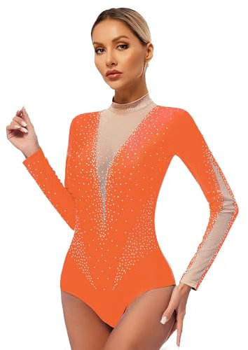 FEESHOW Damen Gymnastikanzug Langarm Glitzer Turntrtikot Transparente Mesh-Patchwork Tanz Ballett Body Mit Strass Eislaufen Tanzkleidung Orange L