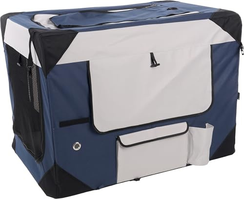 Flamingo Transportkäfig Geronimo blau 63,5x91,5x63,5cm - Verstärkter und Faltbarer Rahmen - Herausnehmbarer Boden - Aufrollbare Vorhänge, 3 Staufächer und mit Möglichkeit für eine Trinkflasche