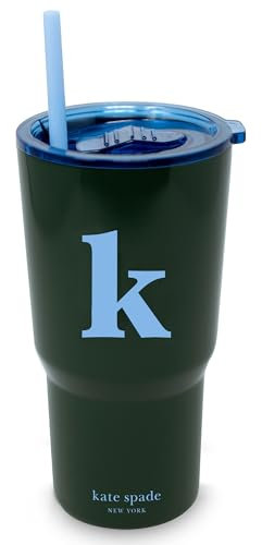 kate spade new york 20 Ounce Insulated Initial Tumbler for Cold and Hot Drinks with Reusable Straw, Stainless Steel Travel Cup with Slide Top Lid (K)