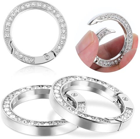 4 PCS Mini Mousqueton Rond 25mm Petit Mousqueton Crochet Porte-Clés Diamant Anneau Fendu Strass Printemps O-Ring Brillant Clip Métal Porte-clés Clip pour Portefeuille DIY Artisanat (Argent)