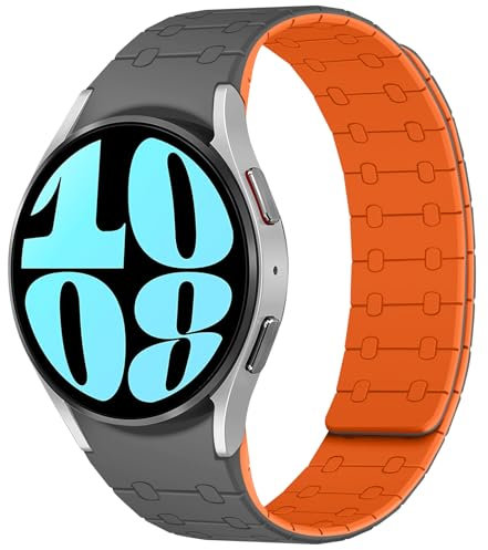 Amizee Kompatibel Mit Samsung Galaxy Watch 7/6/5/4 Armband 40mm 44mm/6 Classic 43mm 47mm/5 Pro 45mm/4 Classic, 20mm Silikon Magnetisch Sport Loop Ersatzarmbänder, Grau/Orange