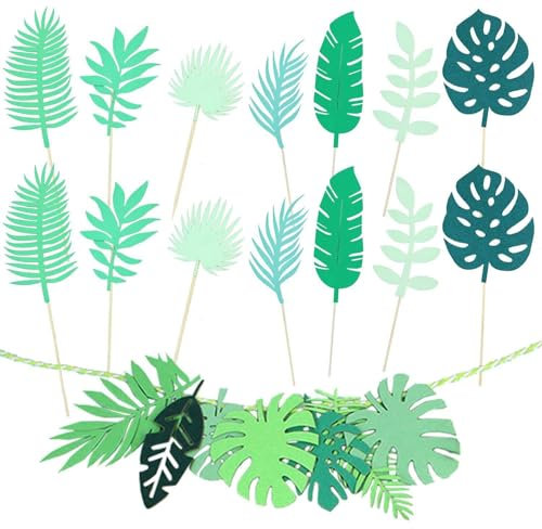 EOWVISN 14 Pieces Palm Leaf Cake Inserts, 1 Piece Palm Leaf Cake Surround, Birthday Cake Decorations, Tropical Party Decorations, Jungle Theme Cupcake Decorations