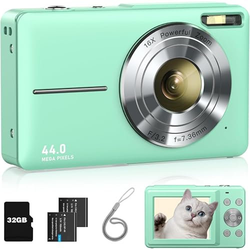 4K Appareil Photo Numérique 44 MP Appareil Photo vidéo Carte 32 Go 1080P Flash HD Appareil Photo Compact avec écran LCD 16X Zoom & 2 Batteries Appareil Photo pour Enfant Adolescent Débutant (Vert)