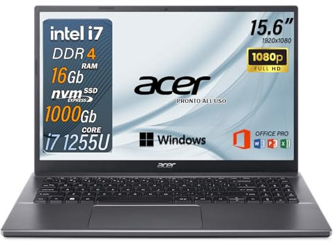 acer notebook i7, Pc portatile intel core 1255U, 16gb ram, SSD 1 TB, Display 15.6, FHD, BT, WiFi, Windows 11 Pro, Office Pro, Laptop i7 pronto all'utilizzo