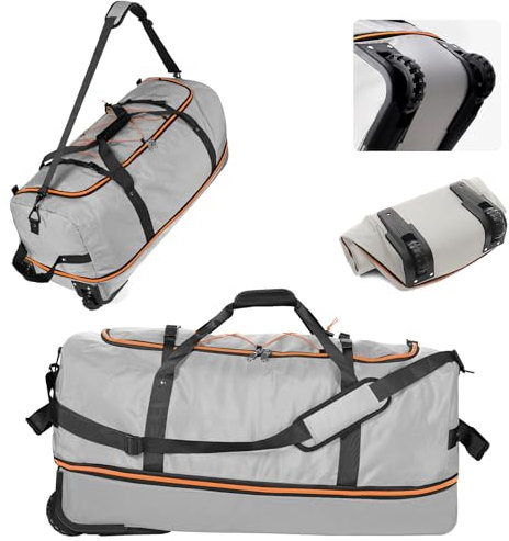 YHYEH 32 Reisetasche mit Weichen Seiten, Faltbar und mit Rollen, Erweiterbar von 110L auf 140L, Rolltasche mit 2 Rollen und Mehreren Taschen,Grau