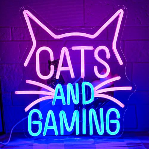 LMSIGNLY Katzen Gaming Neon Zeichen Gamer Neon Licht Zeichen Katze LED Licht Zeichen für Gaming Video Raum Gamer Dekor Gamer Teen Geburtstag Weihnachtsgeschenke USB Power