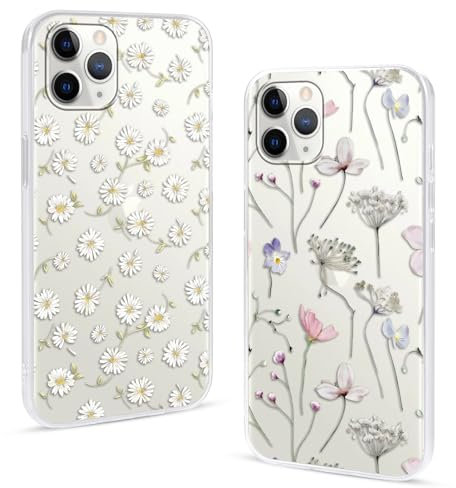 Phoona 2 packs Phone Case for iPhone 11 Pro 5,8'', Flower Print with Cute Aesthetic Design Floral Pattern Clear Transparent Cover, Soft Shockproof Protective Bumper Slim Funda for Women Girls, 04