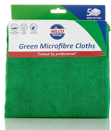 Nilco Microfibre Cloths Green, 5 Pack, Soft, Non-Abrasive & Highly Absorbent Cleaning Cloths for Streak-Free Shine on All Surfaces