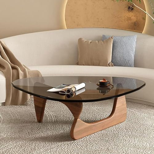 Table basse triangulaire moderne en verre avec pieds en noyer massif 82 x 57 x 40 cm