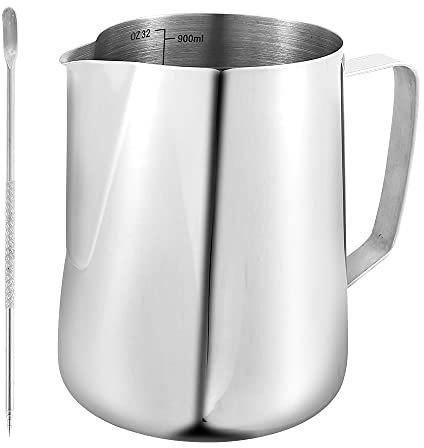 Jarra de espuma de leche de acero inoxidable de 900 ml con marcas de medición, jarra de vapor barista de 32 onzas para café, capuchino, taza de leche de arte latte para uso doméstico y profesional (1)