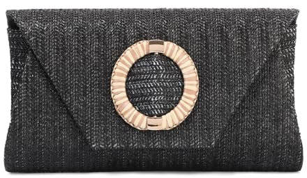 BWBIKE Bolso de Mano Tejido de Rrafia para Mujer - Elegante Bolso Bandolera de Paja para Verano, Playa, Bodas y Fiestas Formales, Bolso de Mano Tipo Sobre con Cadena Extraíble,Negro