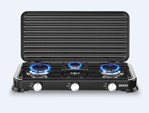 SOGO Cocina de Gas Portátil 1 Quemador para Exterior GLP y Propano - Hornillo Portátil 3 Fogones para Camping con Control Preciso de Llama - Cocina de Gas para Terraza Compacta, Robusta y Eficiente