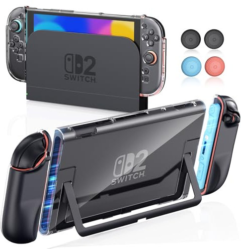STARTRC GAMES Clear Dockable Case for Nintendo Switch 2 2025, PC Protective Cover for Switch 2 Console, Hard TPU Grip Case with 4 Thumb Grip Caps for Joy-Con Controller