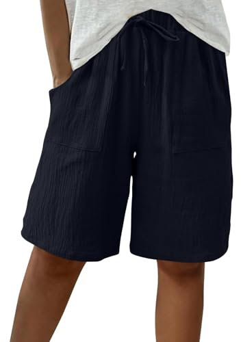 Pantaloncini al ginocchio da donna bermuda da donna pantaloncini tinta unita lunghezza 3/4 comodi pantaloni da spiaggia in cotone lino pantaloni larghi estivi pantaloni corti alla moda casual