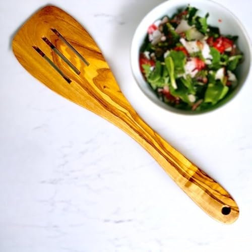 Slotted Olive Wood Spatula Handmade Italian Cooking Utensil Eco Safe Stirring Flipping Mixing Serving Natural Durable Nonstick Friendly Heat Resistant Rustic Kitchen Tool for Home Chef Gift