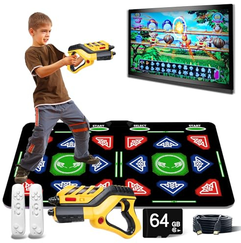HDMI-Tanzmatte mit einer Bewegungspistole,aufgerüstete 64GB Speicher,1022 Spiele,885 Lieder,81 MTVs,Vereint Tanz,Schießspiele,Sport & Denkspiele.Ideal als Geschenk für Kinder. Aus Flanell gefertigt